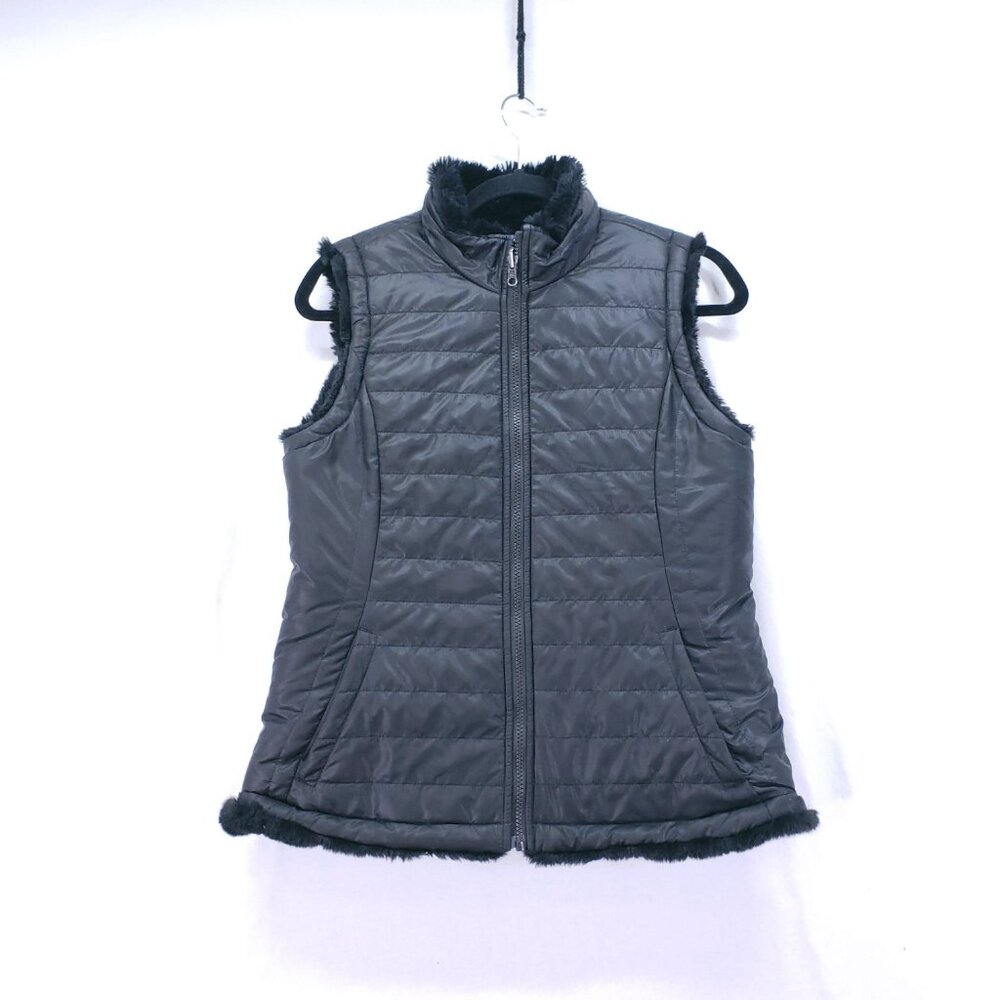 Woman's Black Reversible Faux Fur Quilted Mock Neck Jacket Vest Size S Pockets